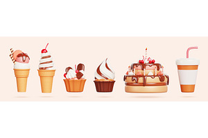 3d sweet dessert set - birthday, a Food & Drink 3D Model by Marozhkastudio