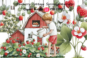 Strawberry Cottage Spring Watercolor, an Illustration by Digital Artistic99