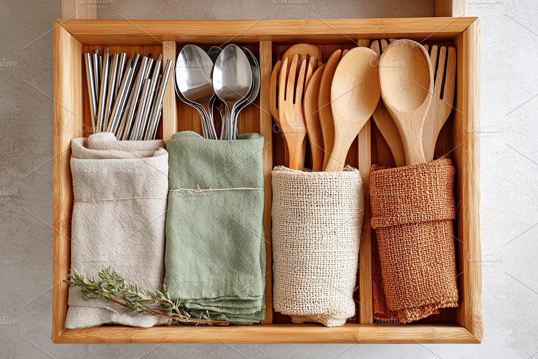 Organized kitchen drawer with metal utensils and wooden cooking tools in a home, a Food & Drink Photo by AlyaAnd