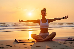 Woman Practicing Yoga On Beach At Su, a Photo by LOGOCREATIVE