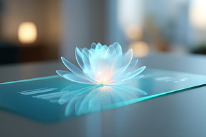 Floating luminescent lotus on glossy surface in tranquil indoor setting, a Background Photo by AlyaAnd