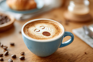 Yawning face latte art in a cozy coffee shop on a bright morning, a Food & Drink Photo by AlyaAnd