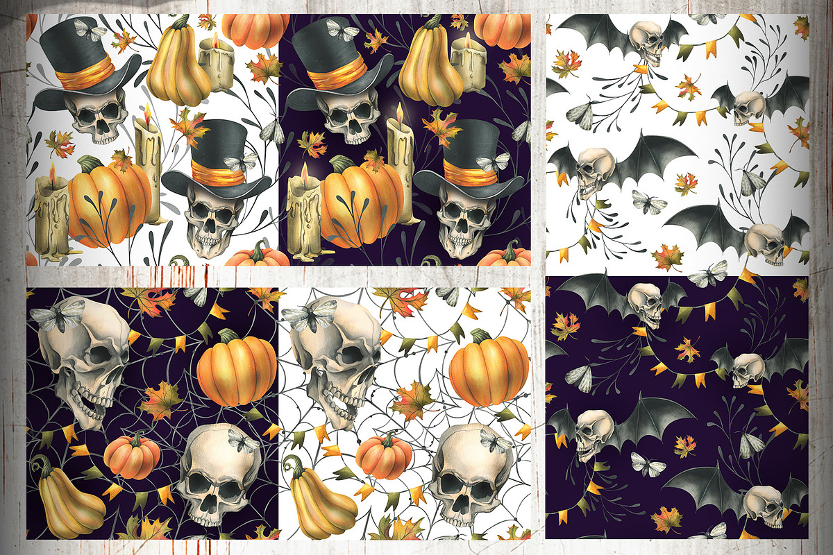 Halloween Skulls Seamless Patterns, an Illustration by NATASHA CHU (Photo 5 of 8)