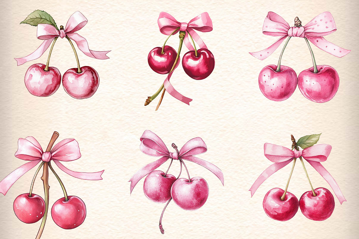 Watercolor Coquette Cherries Bow Cli, an Illustration by CreationArt (Photo 3 of 5)