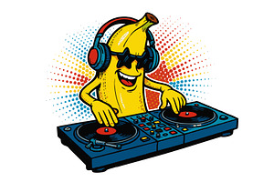 banana DJ spinning vinyl records, an Object Illustration by AlexArt