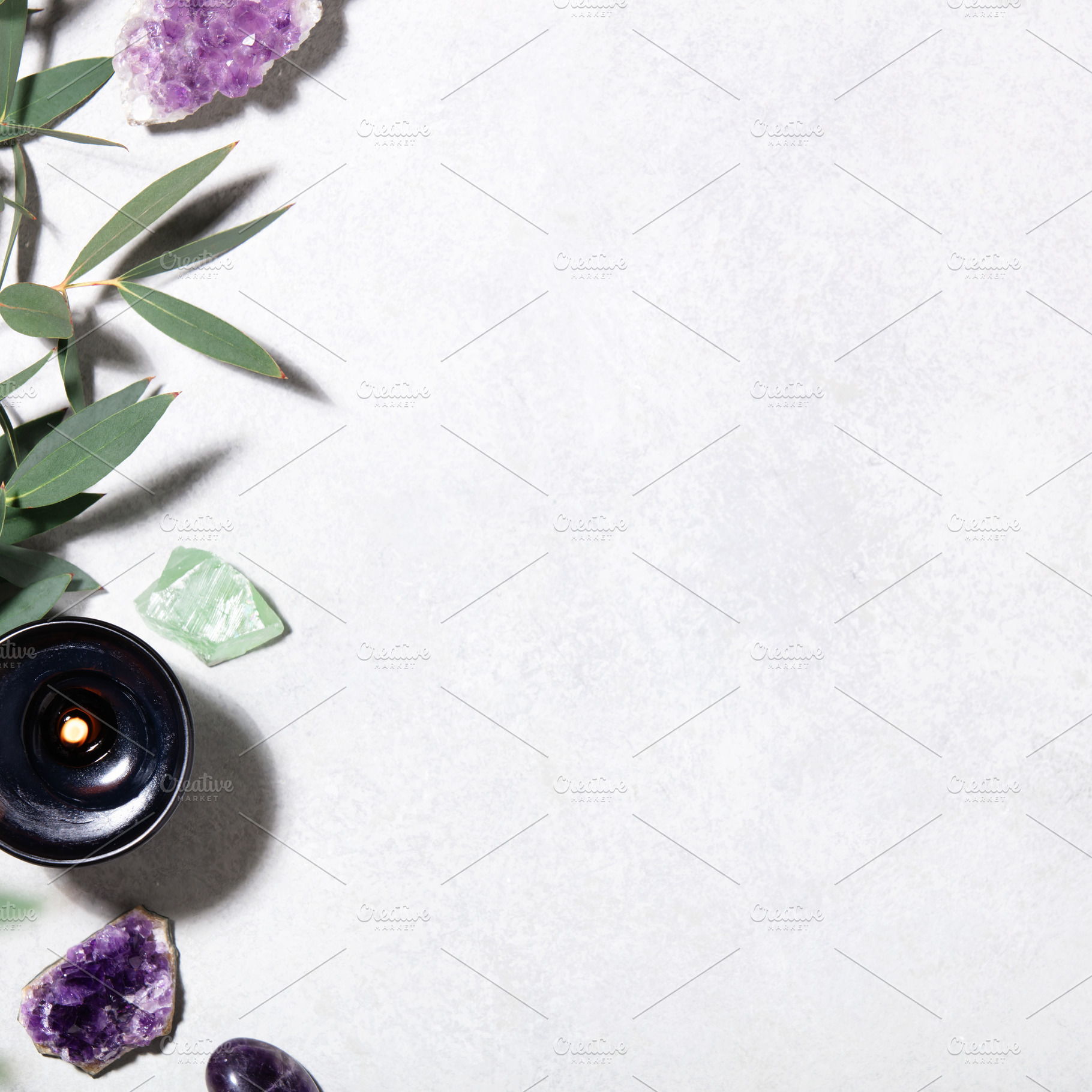 Wellness Background with Eucalyptus, Crystals and Burning Candle, a Beauty & Fashion Photo by Natalia Klenova's Shop