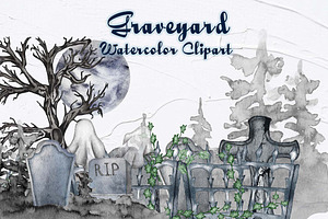 Graveyard Watercolor Clipart