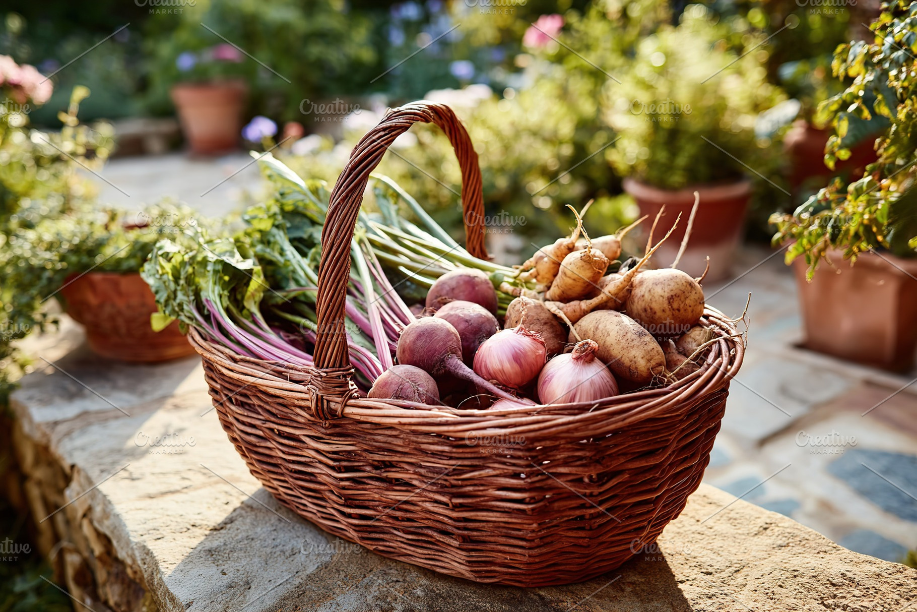 Harvest of fresh garden vegetables gathered in a woven basket during late after, a Food & Drink Photo by AlyaAnd