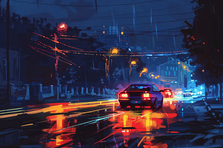 Rain falls on a vibrant city night,, a Photo by Tanuart
