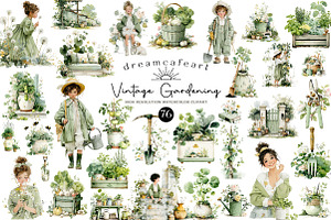 Watercolor Vintage Gardening Clipart, an Illustration by DreamCafeArt