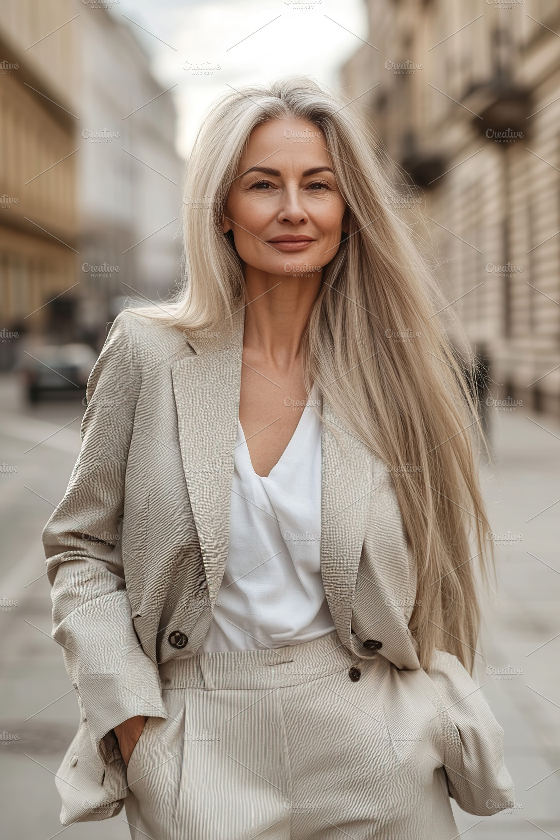 Charming mature woman with long gray hair and beige costume walking on the city, a Person Photo by AlyaAnd