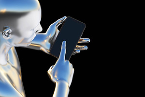3d metallic man touching the phone.
