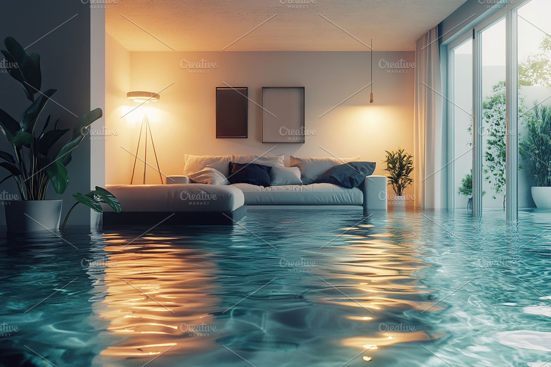 Cozy modern Scandinavian living room with water reflecting soft, a Photo by AlyaAnd