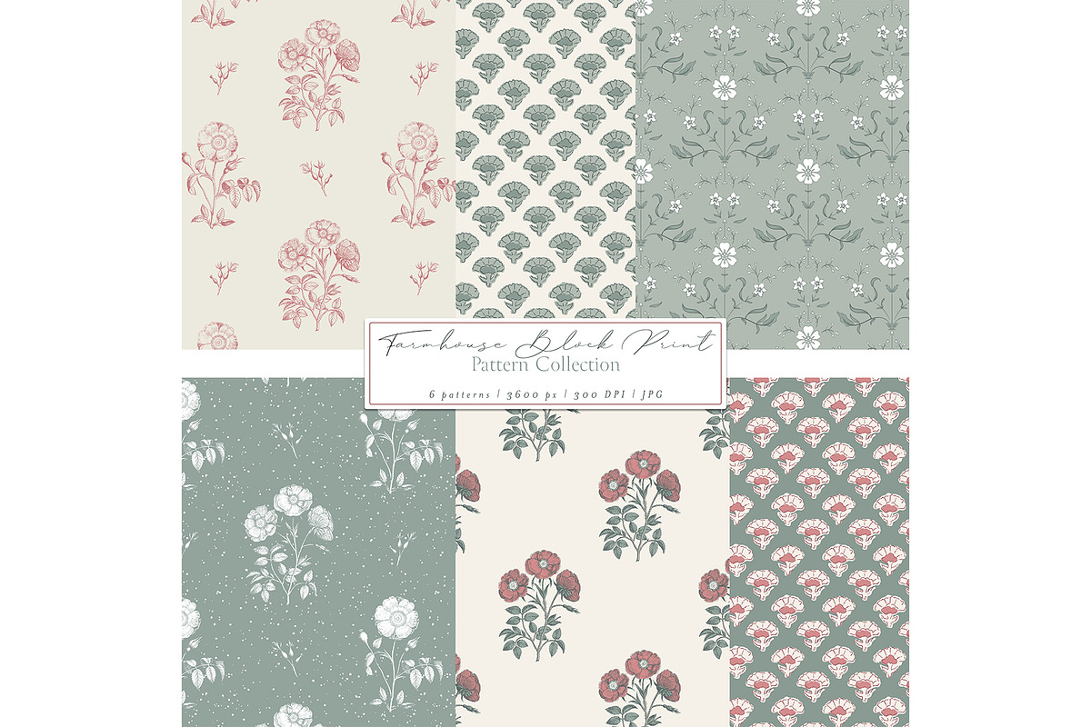 Farmhouse BlockPrint Floral Patterns, a Pattern Graphic by Mieken Petra Designs (Photo 1 of 4)