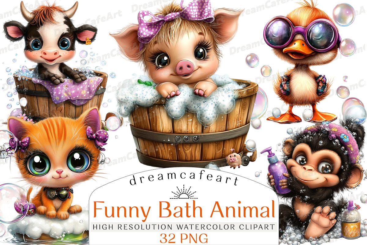 Funny Bath Animal Clipart, an Illustration by DreamCafeArt (Photo 1 of 6)