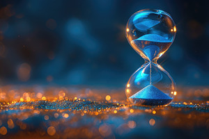 Glowing hourglass with blue sand and golden bokeh light on dark, an Abstract Photo by José Manuel Gelpi