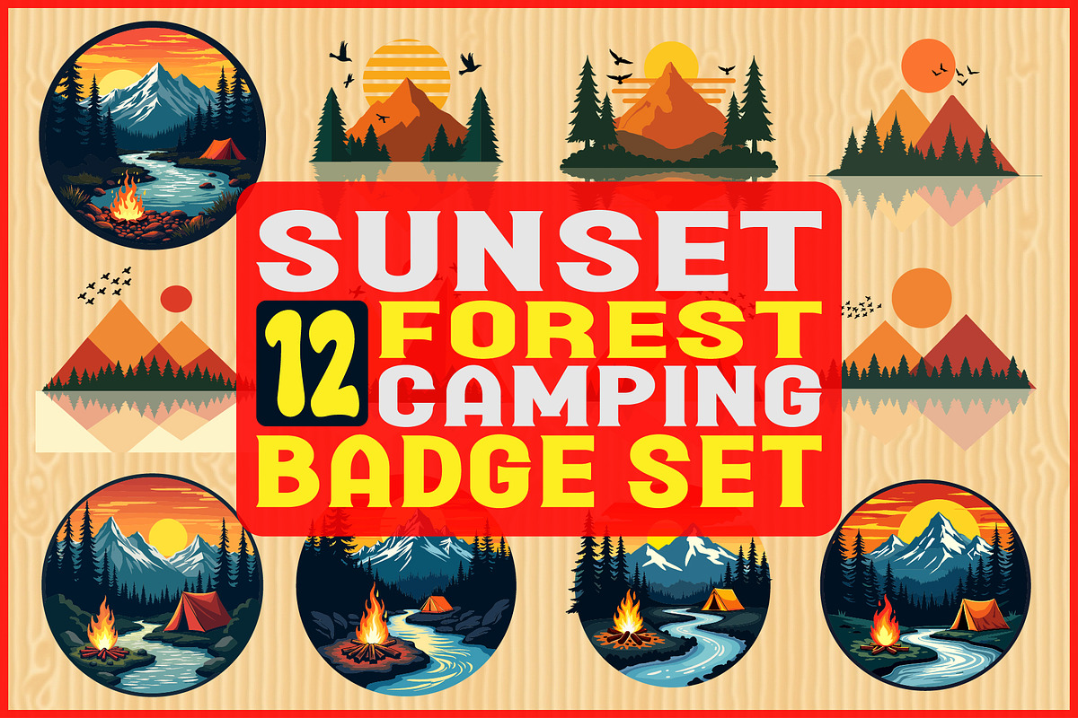 Sunset Forest Camping Badge Set, an Object Graphic by yasushie (Photo 1 of 13)