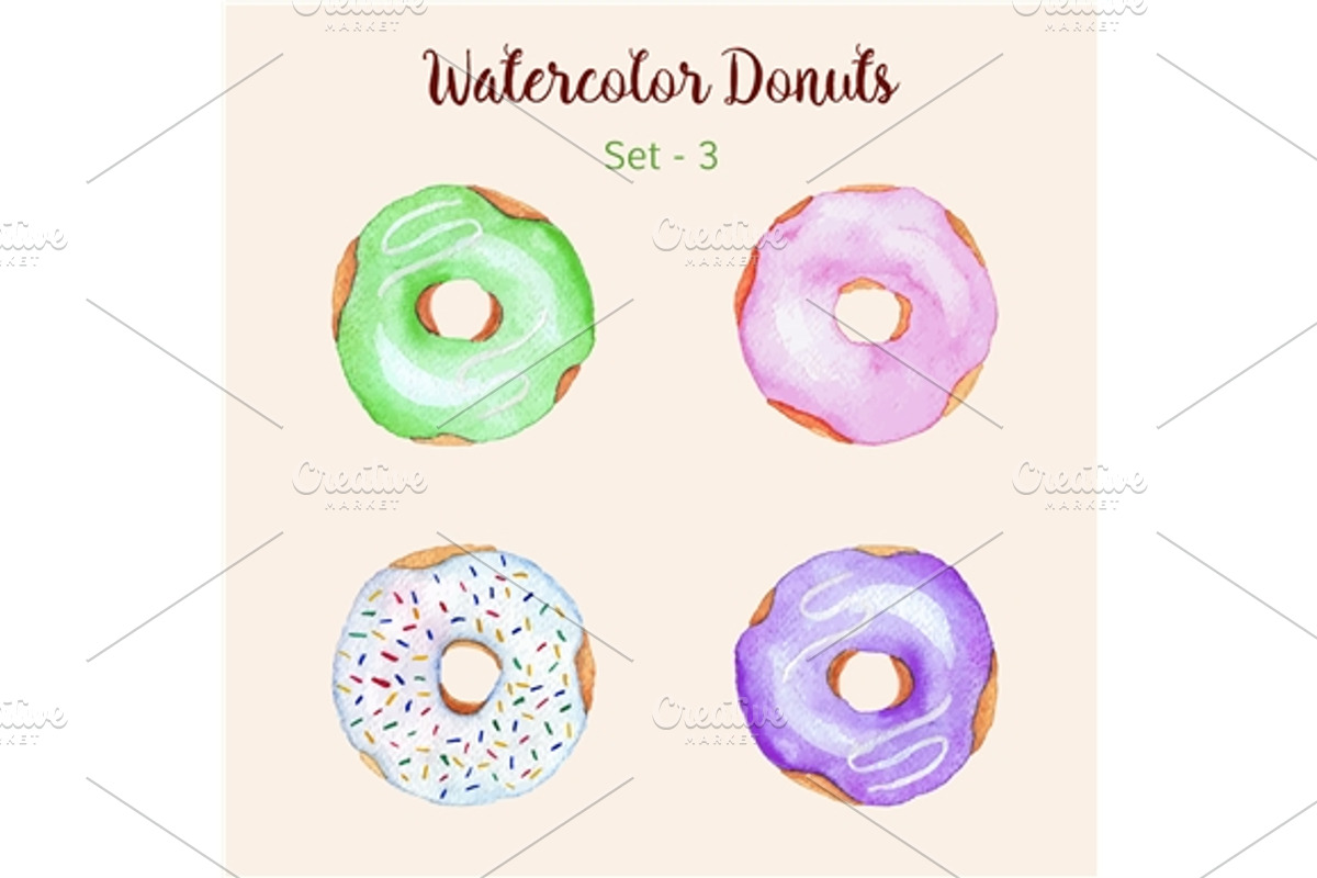 4 Hand painted watercolor donuts, an Object Graphic by Sunshine Art Shop