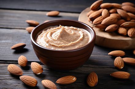 Bowl of almond butter on wooden background, a Food & Drink Photo by AlyaAnd