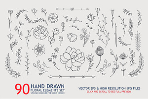 90 hand drawn floral elements set