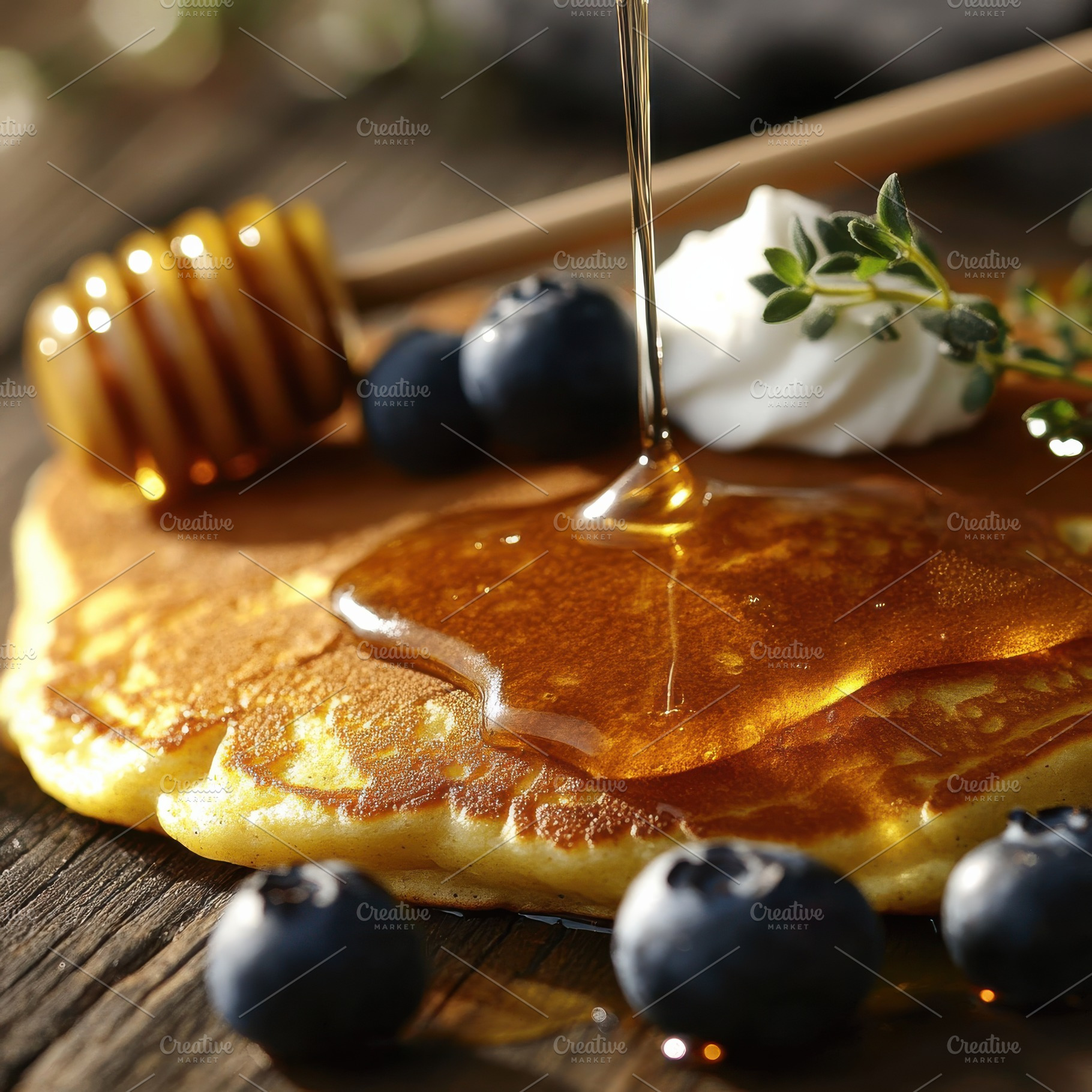 Golden Pancakes Topped with Honey, a Food & Drink Photo by Virgo Studio