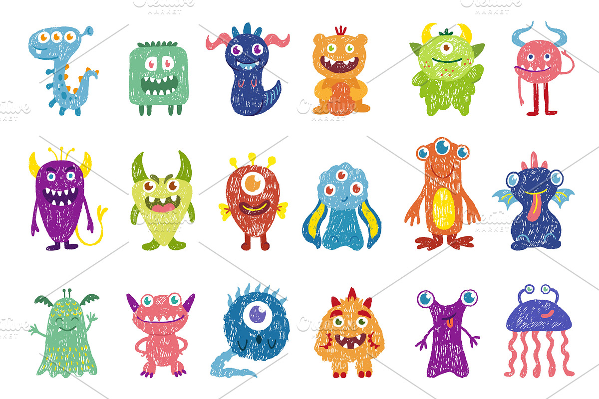 Crayon cartoon monsters. Horrible, an Illustration by Valerie Bodnar
