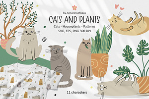 Cats and Plants Clipart and Patterns
