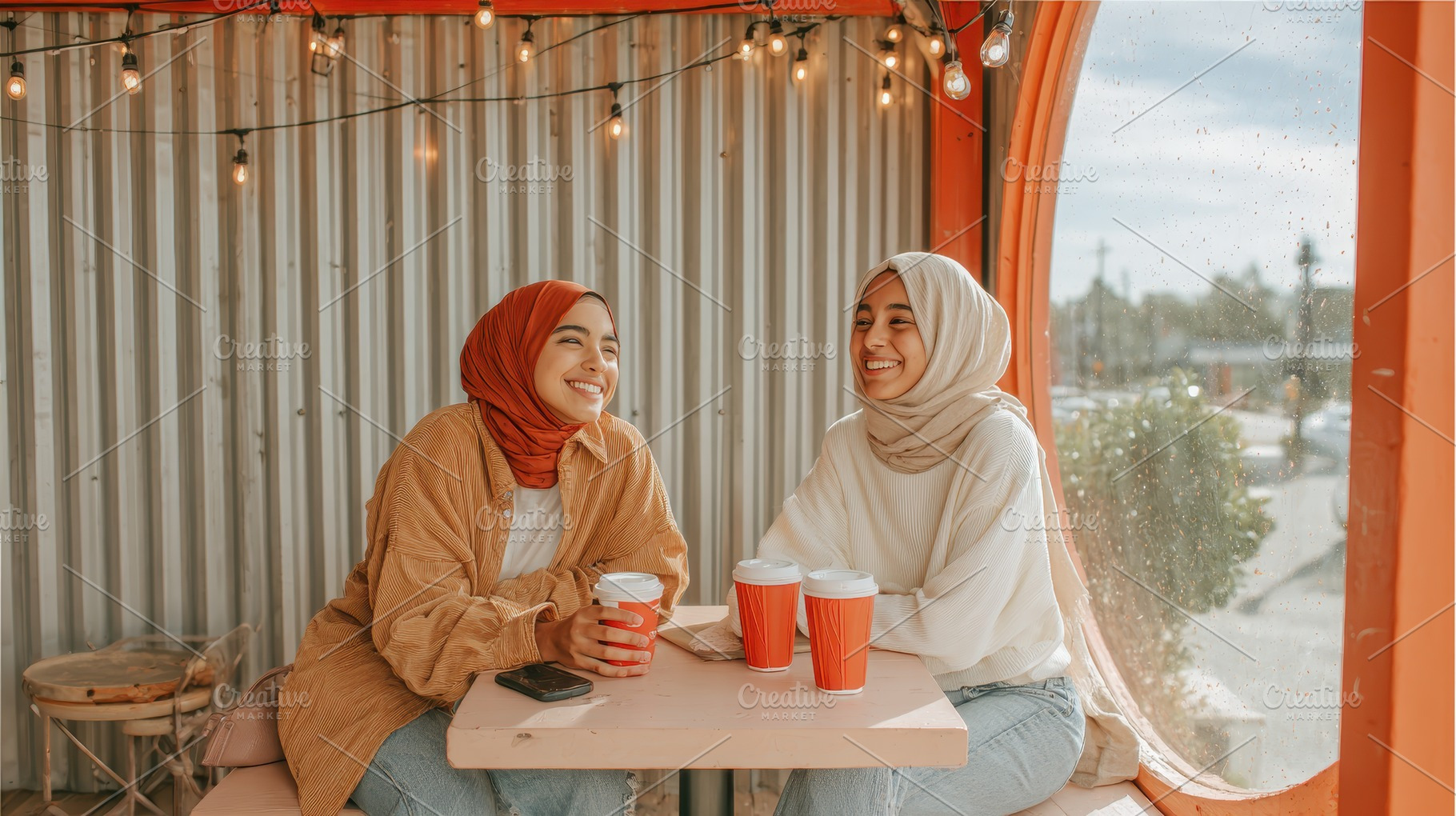 Two Muslim women smiling enjoy coffe, a Photo by Pixeness Studio