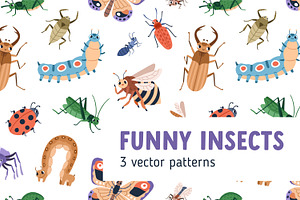 Cute Funny Insects Seamless Patterns