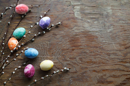 Easter flat lay. Stylish marble easter eggs and willow branches, a Holiday Photo by Sonjachni