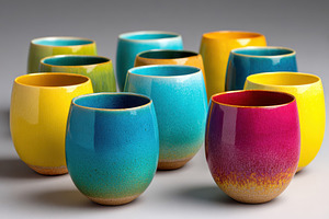 Colorful ceramic cups on neutral background, an Arts & Entertainment Photo by AlyaAnd