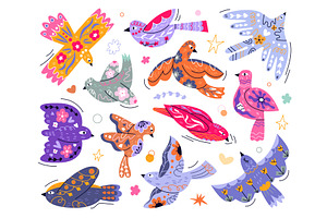 Folk birds set. Hand drawn colored