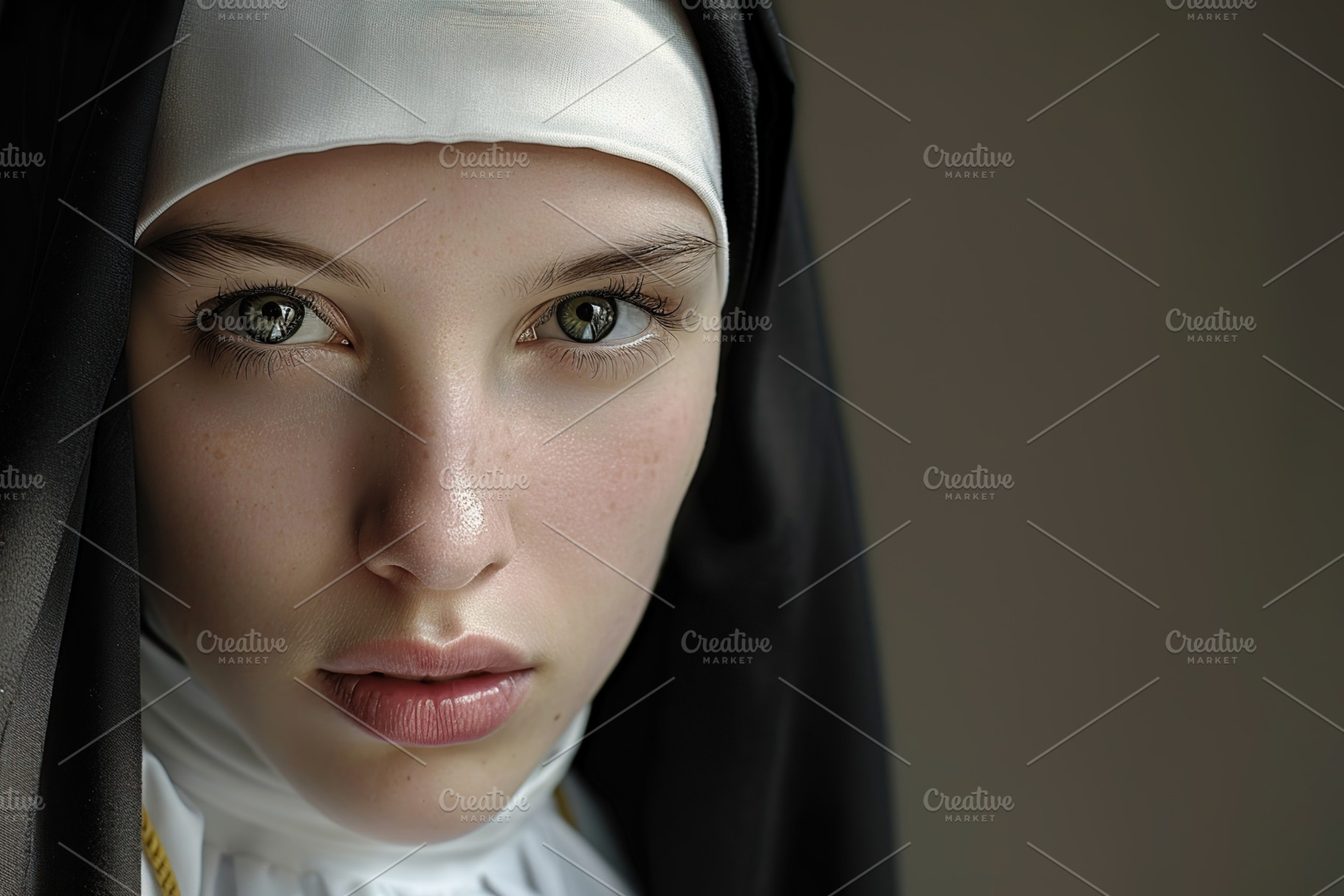 Young praying nun on grey background, a Person Photo by AlyaAnd