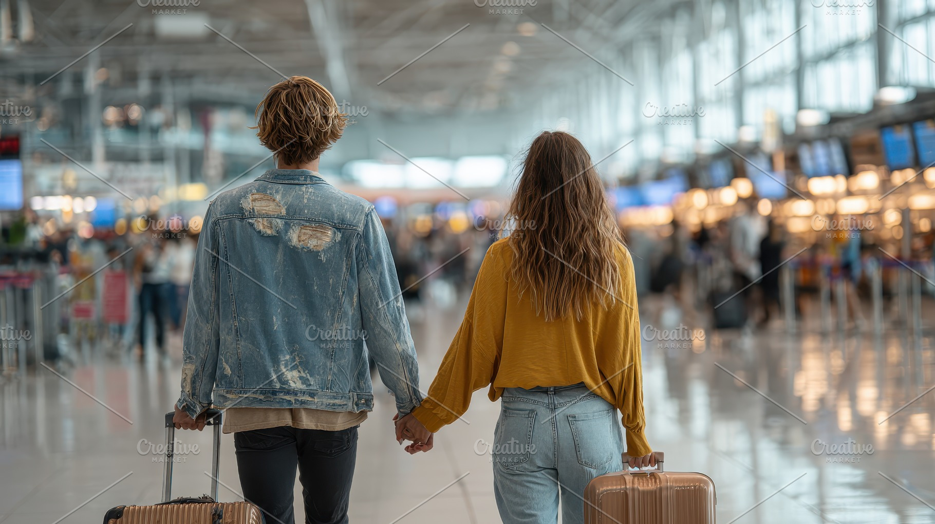 Couple holding hands walking airport, a Photo by Pixeness Studio