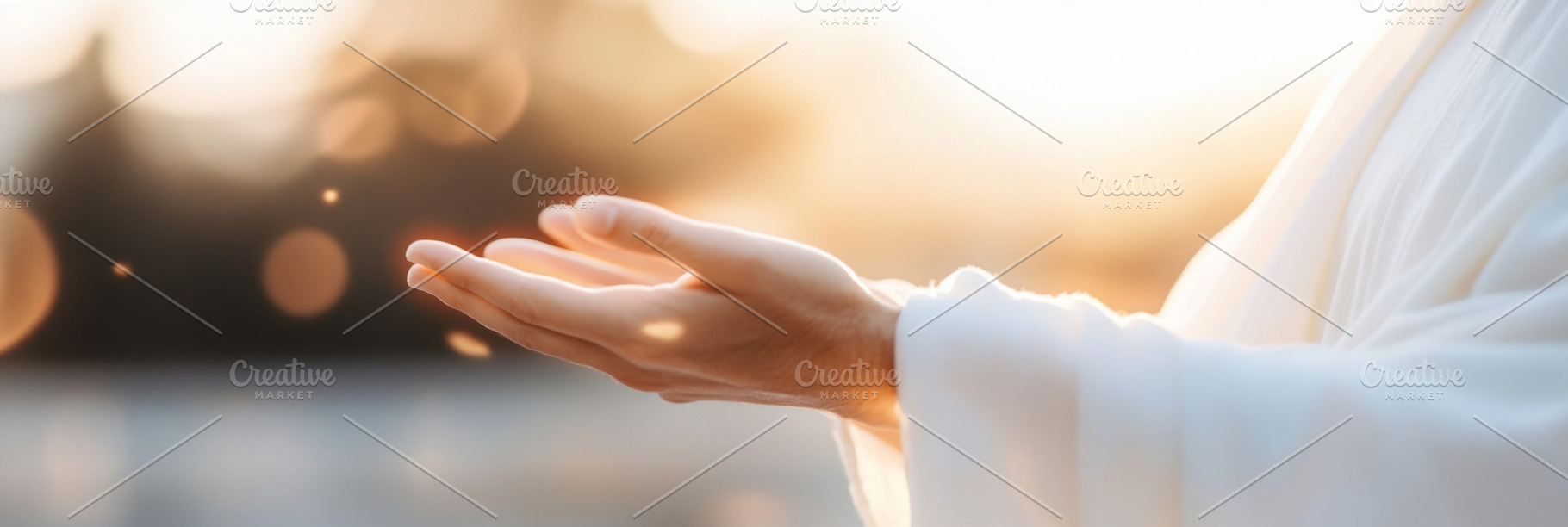 Hand of Jesus reaching out with light in spiritual scene, religi, a Photo by Dvoevnore photos