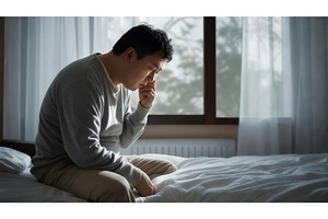 Thoughtful man sitting on bed in a, an Illustration by tilialucida