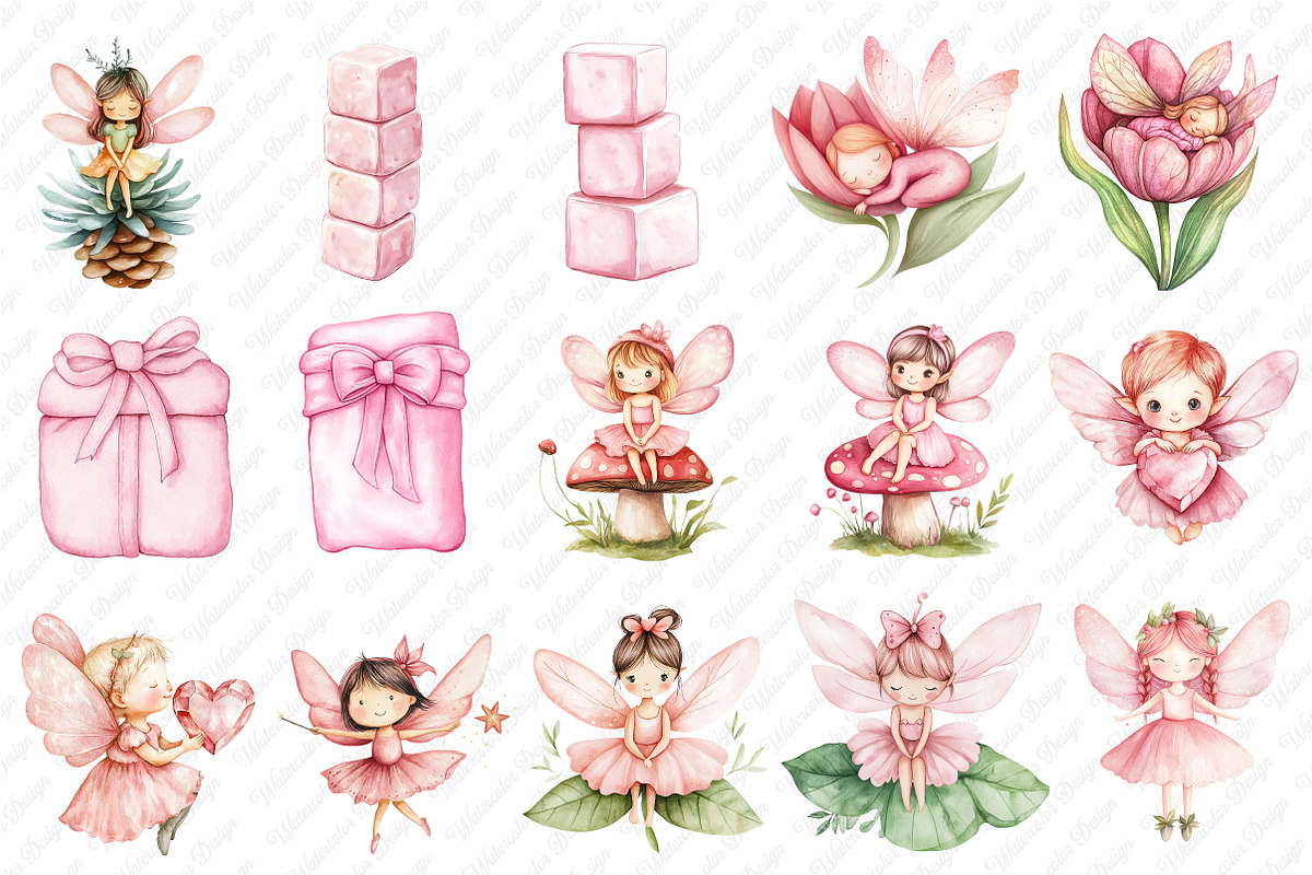 Watercolor Pink Woodland Fairy Clipa, an Illustration by Watercolor design (Photo 2 of 12)