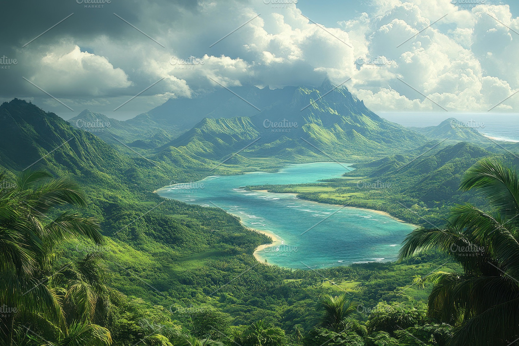 Lush green valley with winding river, a Photo by Tanuart