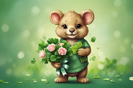 Cute little bear with a bouquet of clover and roses on a green b, an Animal Photo by Ales Munt