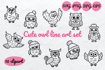 Cute owl line art set