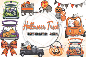 Halloween Watercolor Truck Clipart, an Object Graphic by Little Mango
