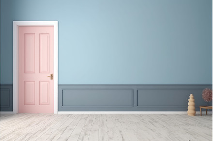 Pink door blue wall view room, an Architecture Photo by Ylivdesign