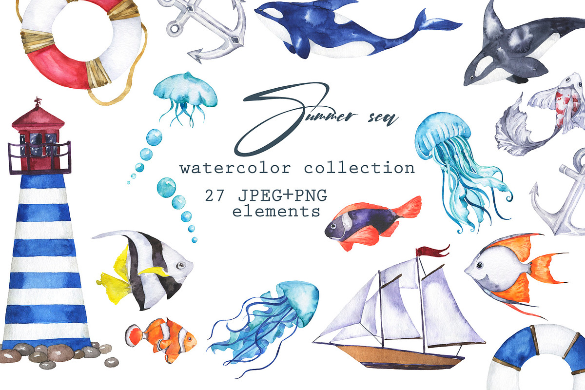 Summer sea watercolor set, an Illustration by Watercolor & sketches (Photo 1 of 7)