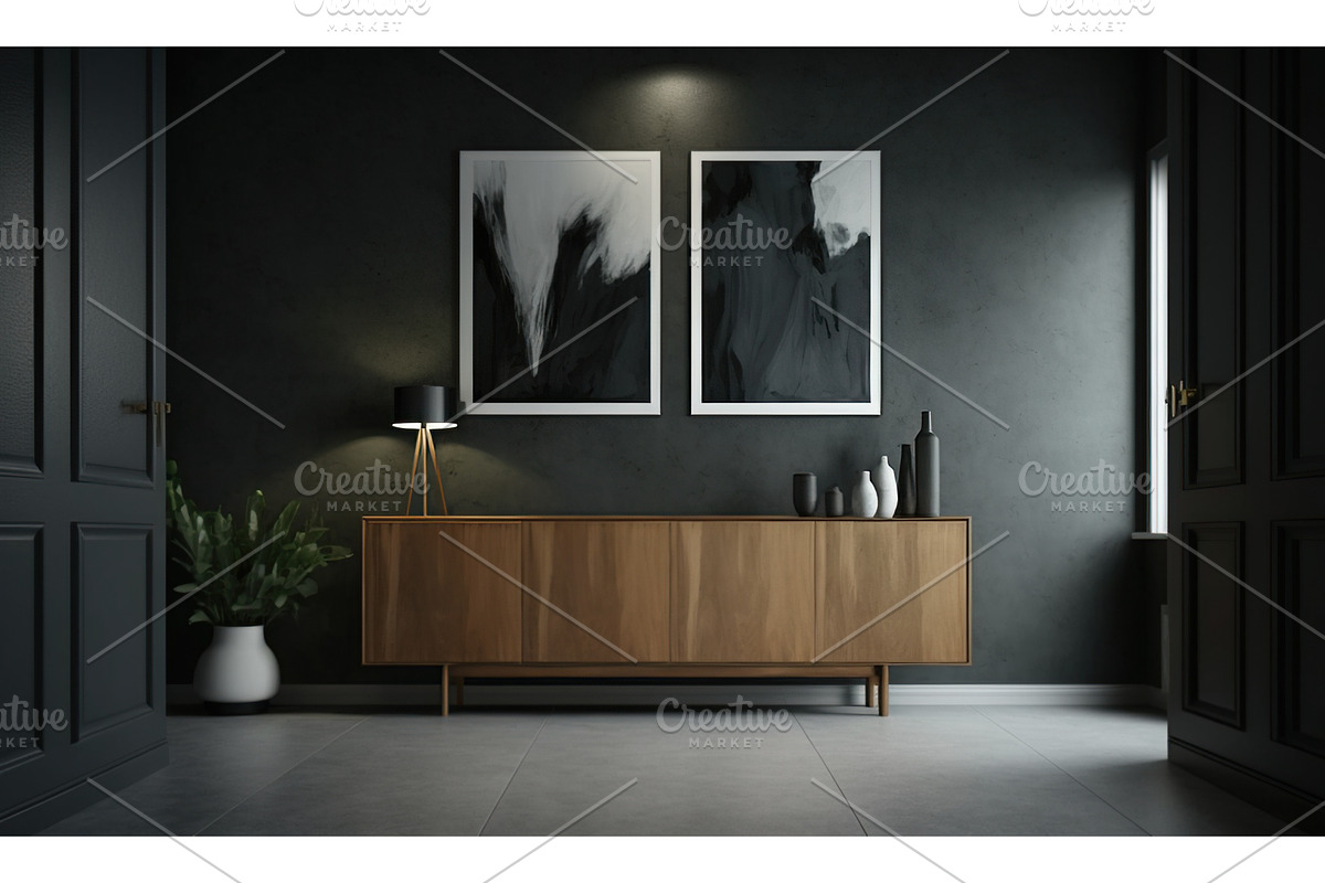 Dark room with grey wall apartment, a Graphic by Jyliana's shop