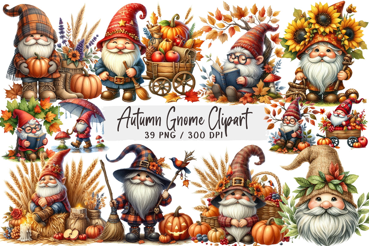Watercolor Autumn Gnome Clipart, a Seasonal Illustration by DreamArtGraphic (Photo 1 of 4)