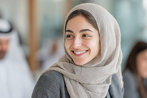 Smiling Muslim woman in beige hijab, a Photo by Pixeness Studio