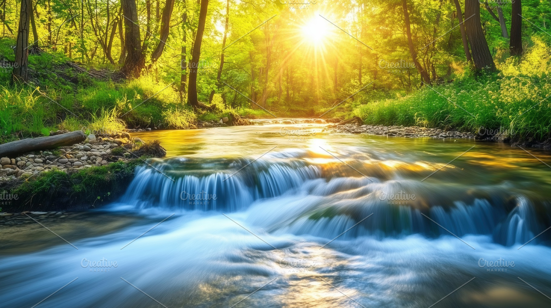 A serene landscape featuring a gentle stream flowing through a lush green fores, a Photo by Textures & Backgrounds