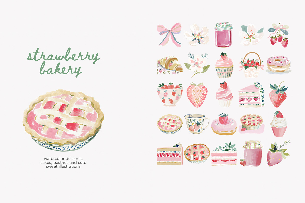 Watercolor strawberry clipart set, a Decorative Illustration by Patishop Art (Photo 2 of 10)