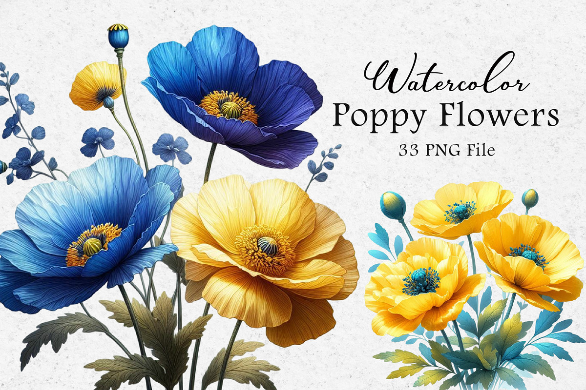 Blue & Yellow Poppy Flowers Clipart, an Illustration by Dream Creation (Photo 1 of 4)