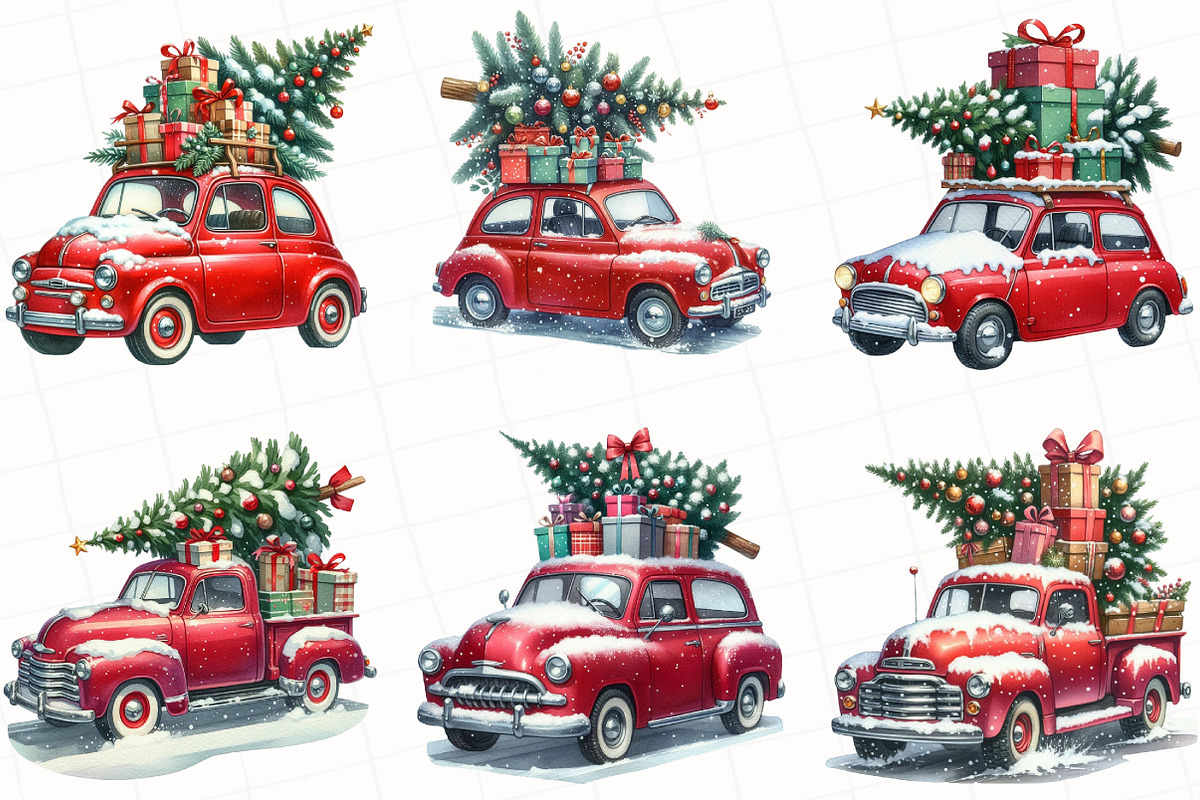Christmas Car Watercolor Clipart, an Illustration by OK Design (Photo 3 of 5)